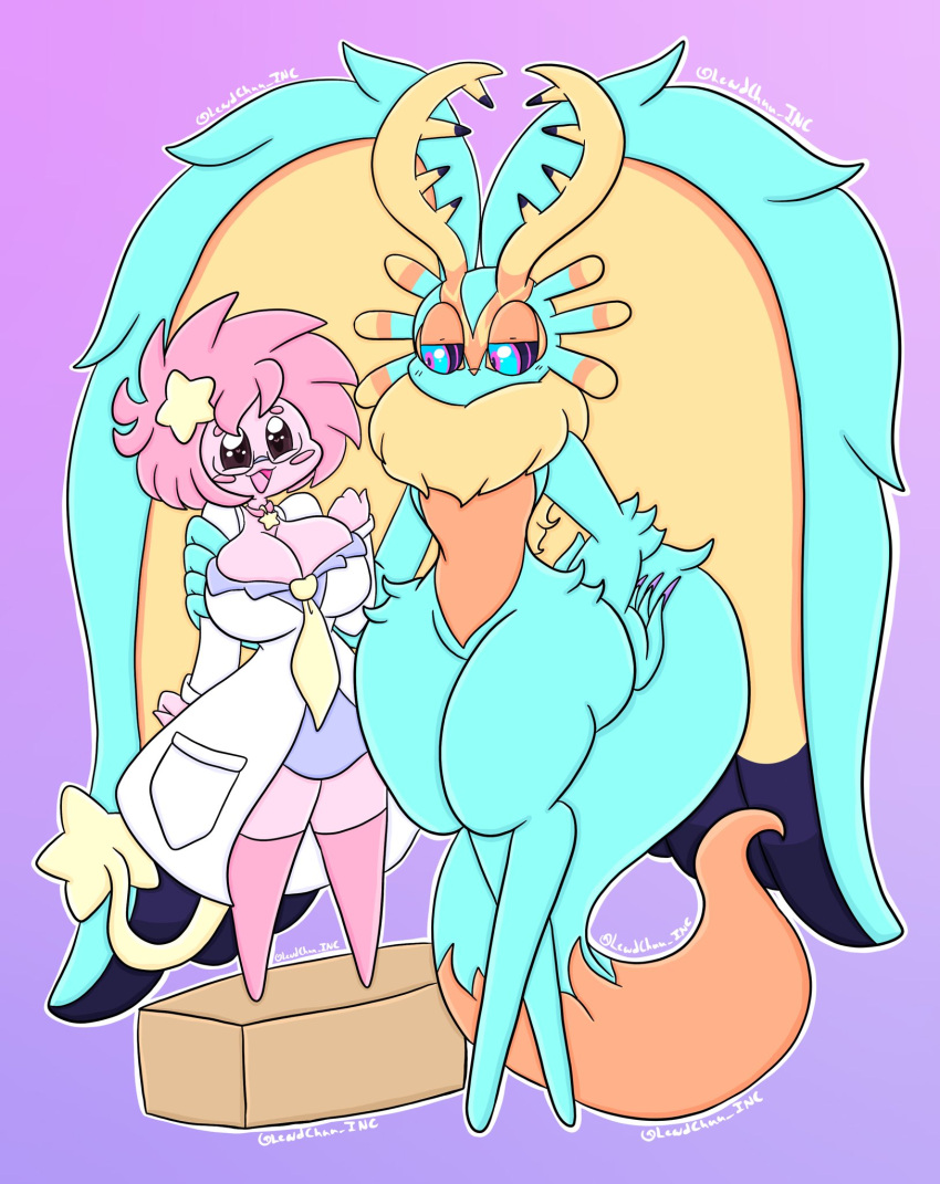 alien anthro big_ears blue_body blue_eyes breasts chinchilla chinchillid clothing coat duo eyewear fecto_elfilis female glasses hair hi_res kirby_(series) kirby_and_the_forgotten_land lewdchuu_(artist) male male/female mammal nintendo pink_body pink_hair purple_eyes pyon_(lewdchuu) rodent star topwear