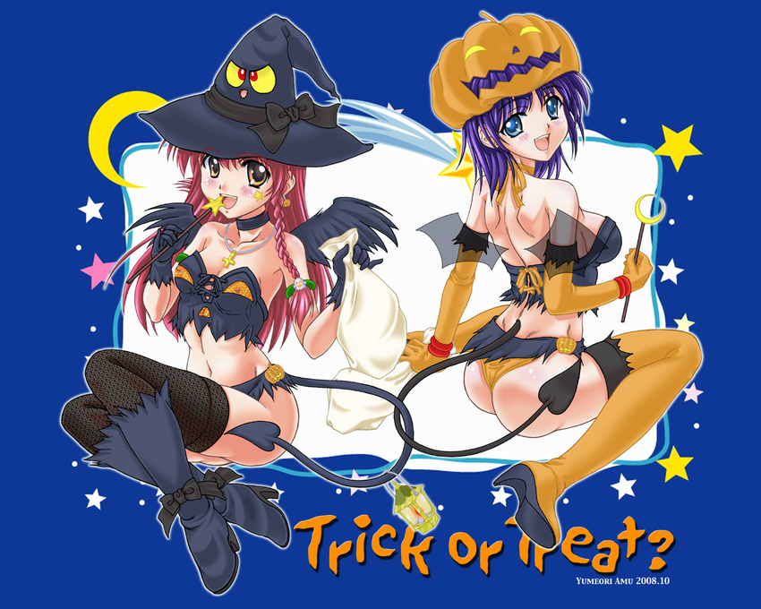 2girls ass back-to-back bag bat_wings blue_background blue_eyes blue_hair braid elbow_gloves gloves halloween hat jack-o'-lantern long_hair multiple_girls orange_eyes original pumpkin pumpkin_hat red_hair short_hair tail thighhighs trick_or_treat twin_braids wings witch_hat yumeori_amu