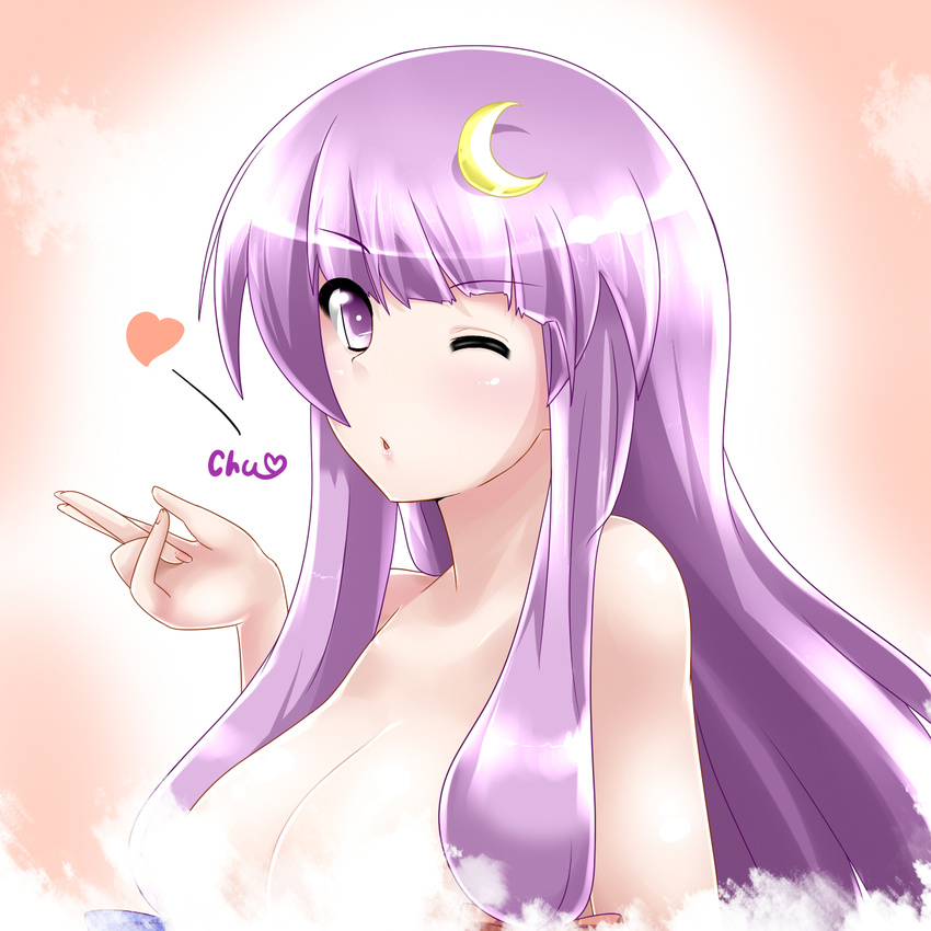 bad_hands blush chu crescent_moon highres long_hair miki_purasu moon no_hat no_headwear nude one_eye_closed open_mouth patchouli_knowledge purple_eyes purple_hair solo touhou