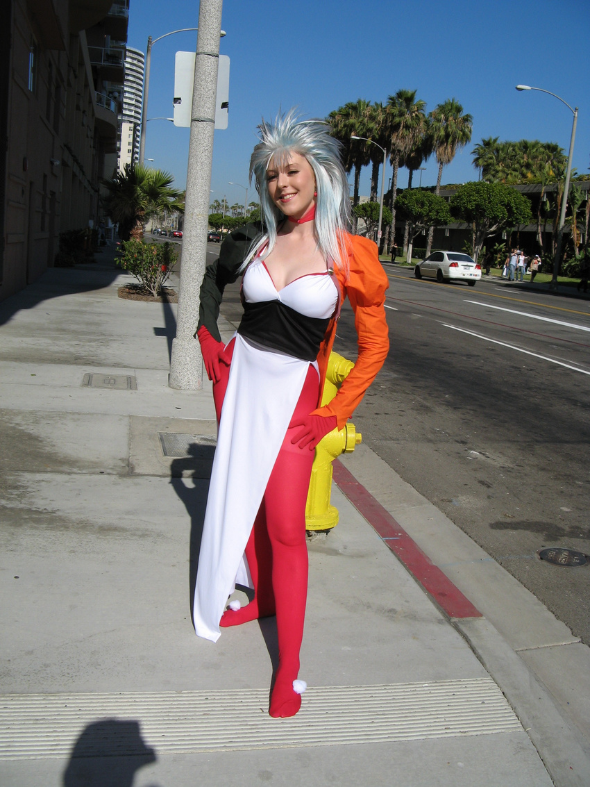 absurdres blue_hair bodysuit breasts choker cleavage contrapposto cosplay earrings fire_hydrant hands_on_hips highres jewelry multicolored_hair photo ryouko_(tenchi_muyou!) ryouko_(tenchi_muyou!)_(cosplay) smile solo standing tenchi_muyou!
