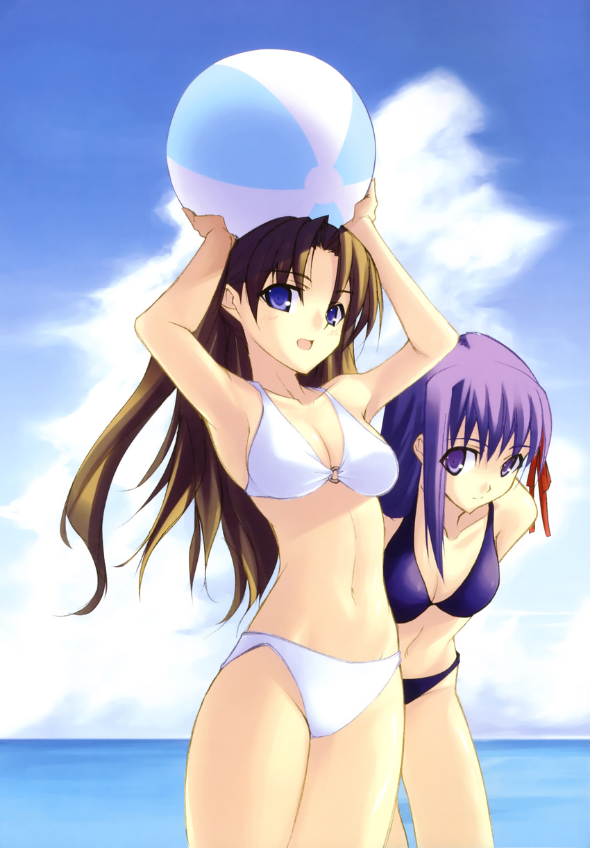 absurdres ball beachball bikini breasts cleavage cloud day fate/stay_night fate_(series) hair_ribbon highres matou_sakura medium_breasts multiple_girls navel ribbon shingo_(missing_link) sky swimsuit toosaka_rin