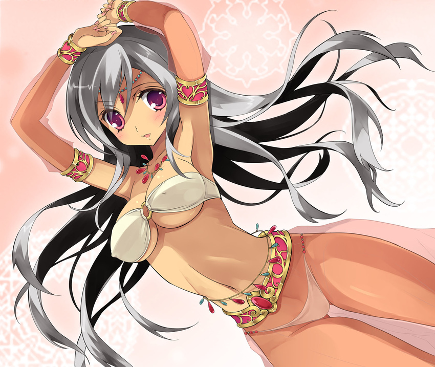 arabian_clothes armband armpits arms_up bandeau belly_chain bracelet breasts cleavage copyright_request covered_nipples dancer dark_skin grey_hair harem_outfit harem_pants highres jewelry large_breasts long_hair midriff nail_polish navel necklace o-ring o-ring_top pants pink_nails purple_eyes revealing_clothes see-through solo underboob yukiwo