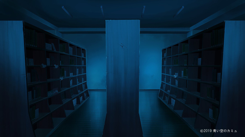 blue book bookshelf commission copyright_request highres indoors kyarage_(soda) night no_humans scenery watermark