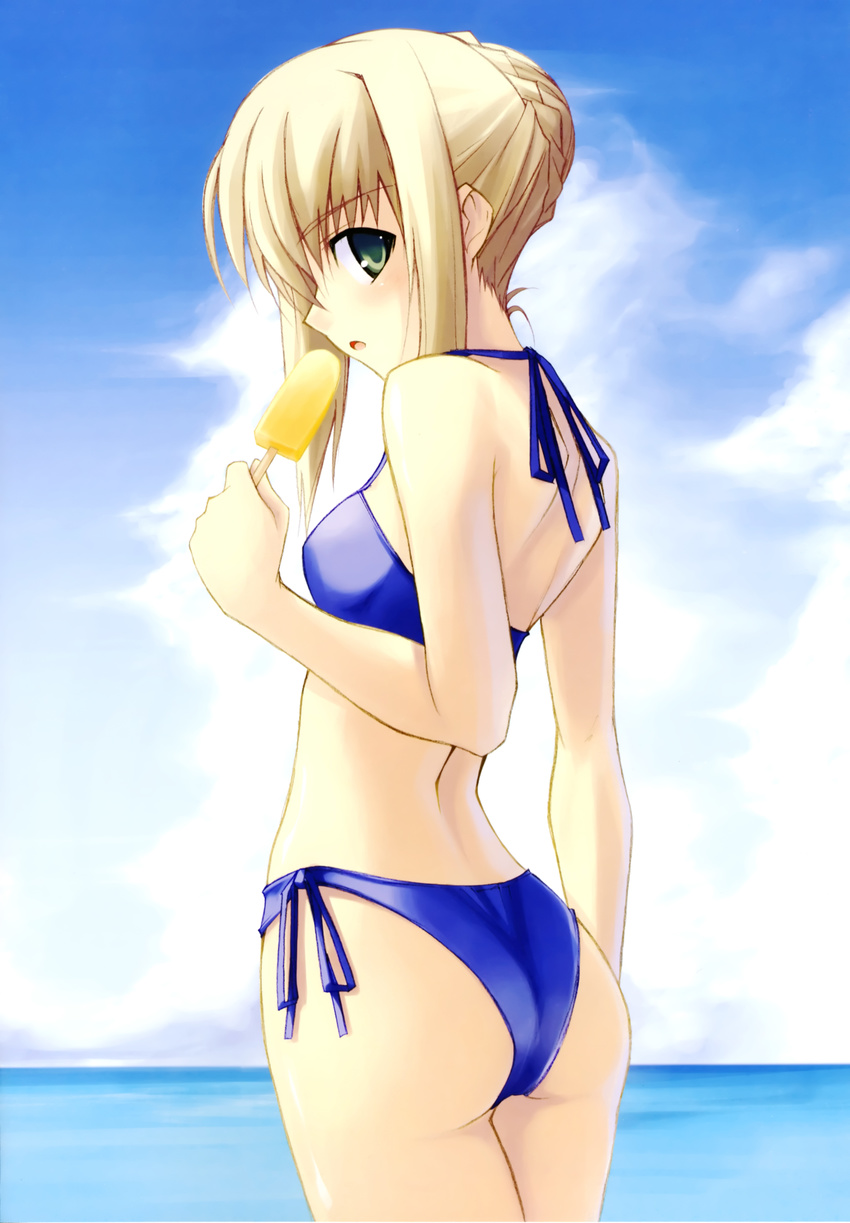 absurdres artoria_pendragon_(all) ass bikini day fate/stay_night fate_(series) food highres looking_back popsicle saber shingo_(missing_link) side-tie_bikini solo standing swimsuit