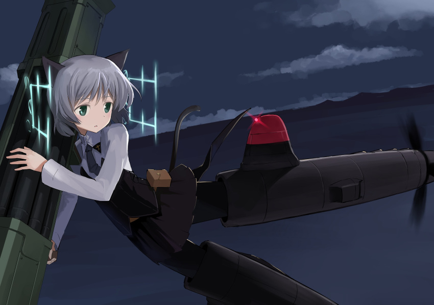 1girl animal_ears belt_pouch black_legwear black_neckwear cat_ears cat_tail cloud eyebrows_visible_through_hair green_eyes grey_hair highres hirschgeweih_antennas long_sleeves military military_uniform narotake necktie night parted_lips pouch rocket_launcher sanya_v_litvyak short_hair skirt sky solo strike_witches striker_unit tail uniform weapon world_witches_series