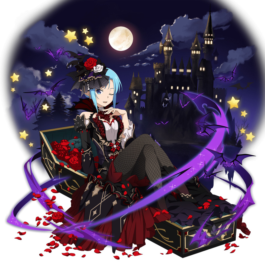 1girl ;d asuna_(sao-alo) bat black_legwear black_sleeves blue_eyes blue_hair castle coffin detached_sleeves fishnet_pantyhose fishnets flower full_body full_moon hair_flower hair_ornament halloween halloween_costume highres long_sleeves looking_at_viewer moon official_art one_eye_closed open_mouth pantyhose petals pointy_ears red_flower red_rose rose short_hair sitting smile solo star sword_art_online vampire white_flower white_rose