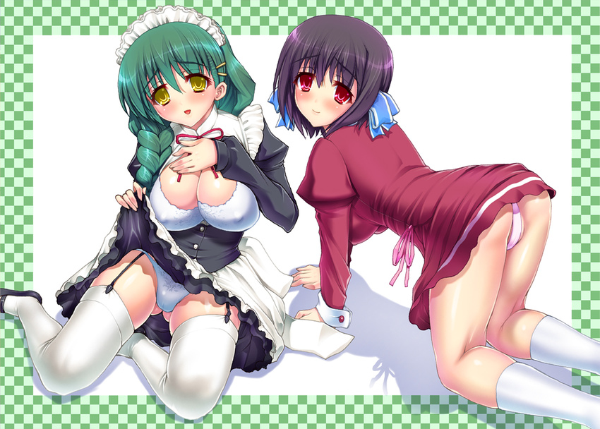 all_fours ass black_hair blush braid breasts cleavage covered_nipples dress garter_straps green_hair hair_ornament hair_ribbon hairclip kotobuki_utage ladies_versus_butlers! large_breasts maid maid_headdress multiple_girls panties pink_panties red_eyes ribbon saikyou_tomomi school_uniform shikikagami_sanae skirt skirt_lift socks thighhighs underwear upskirt white_legwear white_panties yellow_eyes