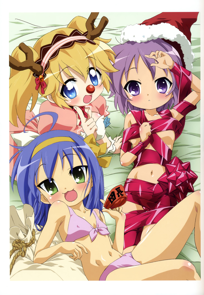 absurdres ahoge antlers armband asahina_mikuru asahina_mikuru_(cosplay) bikini christmas clerk_nagato cosplay highres hirano_aya izumi_konata lucky_star makaizou mole mole_under_eye multiple_girls naked_ribbon patricia_martin reindeer ribbon seiyuu_connection suzumiya_haruhi suzumiya_haruhi_(cosplay) suzumiya_haruhi_no_yuuutsu swimsuit waitress