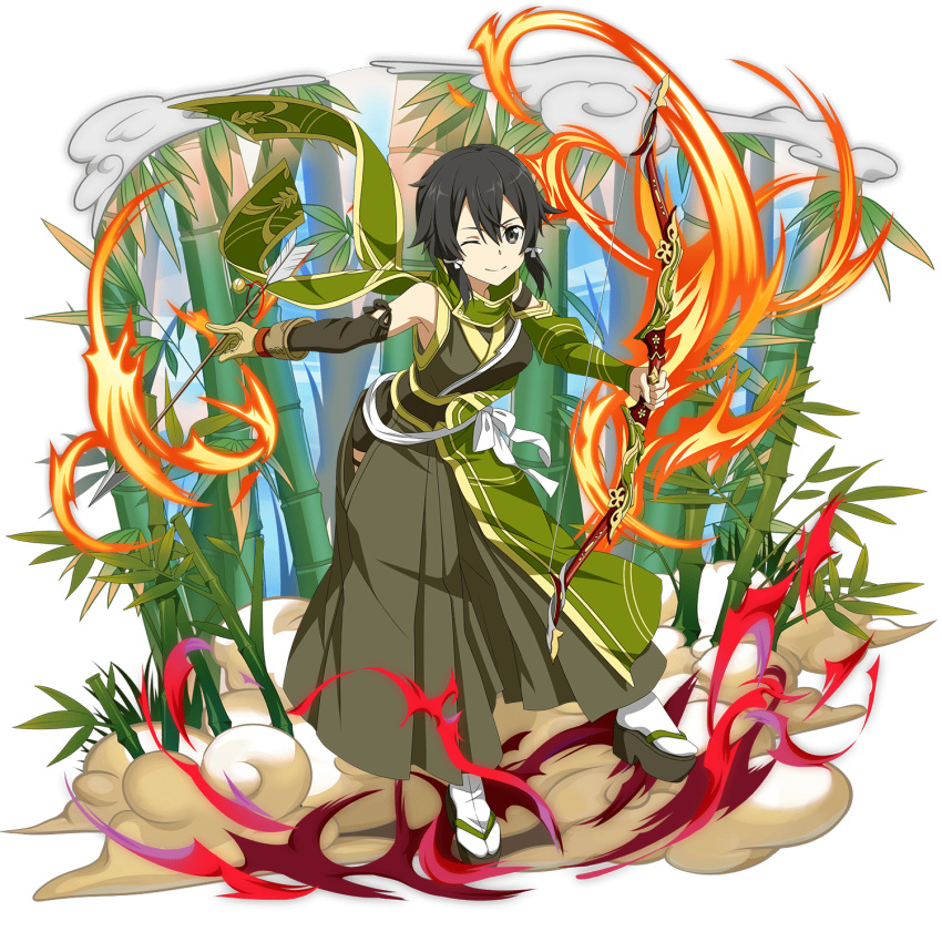 1girl ;) asada_shino asymmetrical_sleeves bamboo bamboo_forest black_eyes black_hair bow_(weapon) brown_hakama detached_sleeves forest full_body gloves green_gloves green_sleeves hair_between_eyes hair_ribbon hakama highres holding holding_bow_(weapon) holding_weapon japanese_clothes long_sleeves looking_at_viewer nature official_art one_eye_closed outstretched_arm ribbon short_hair sidelocks single_glove smile solo standing sword_art_online tabi transparent_background weapon white_legwear white_ribbon