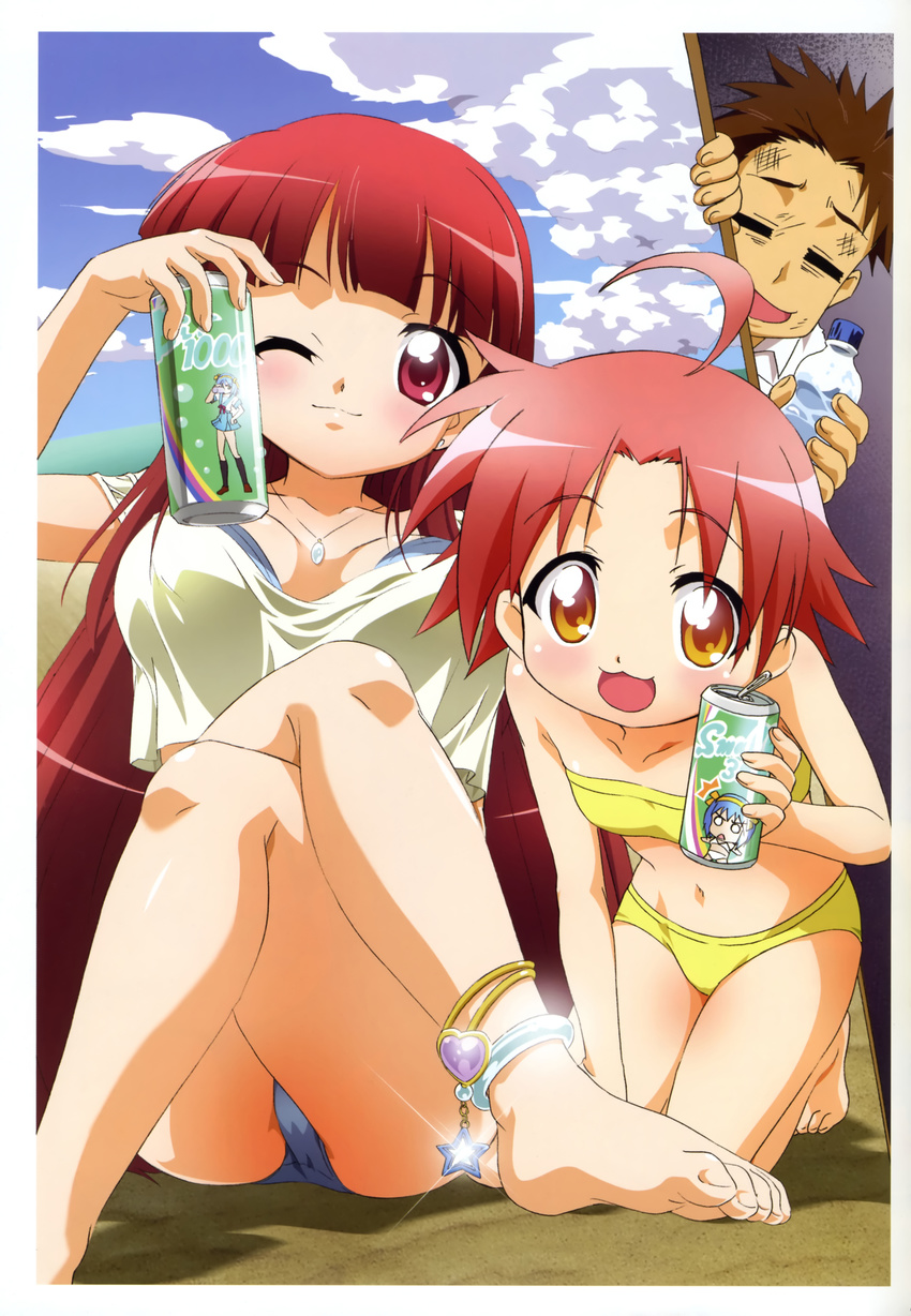 2girls :3 :d absurdres ahoge anklet barefoot bikini blush bruise can crop_top crop_top_overhang crossed_legs error feet gotou_yuuko gottouza highres injury jewelry kneeling kogami_akira long_hair lucky_star makaizou multiple_girls navel necklace official_art one_eye_closed open_mouth orange_eyes pink_hair red_eyes red_hair scan shiraishi_minoru short_hair sitting smile strapless suzumiya_haruhi suzumiya_haruhi_no_yuuutsu swimsuit toes tubetop wrong_feet yellow_bikini