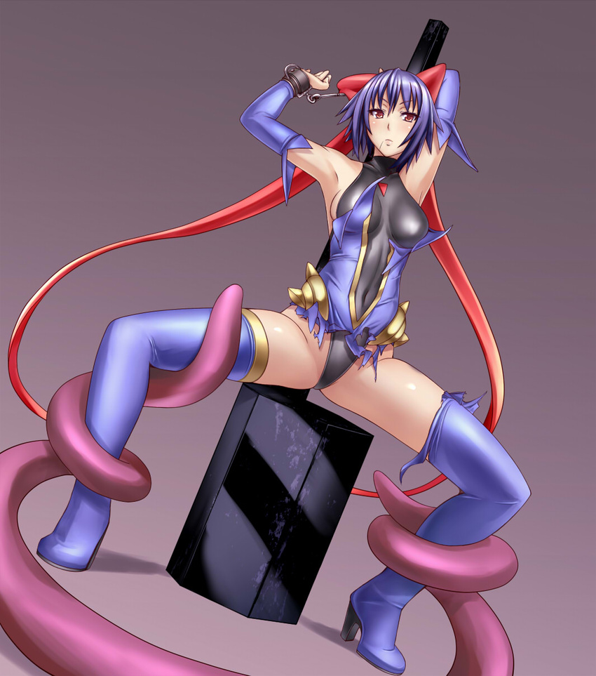 armpits bare_shoulders bdsm blue_footwear blue_leotard bondage boots bound breasts high_heels highres kagano_ai leotard mahou_shoujo_ai medium_breasts metadora purple_hair red_eyes shoes sideboob solo spread_legs tentacles thighhighs torn_clothes