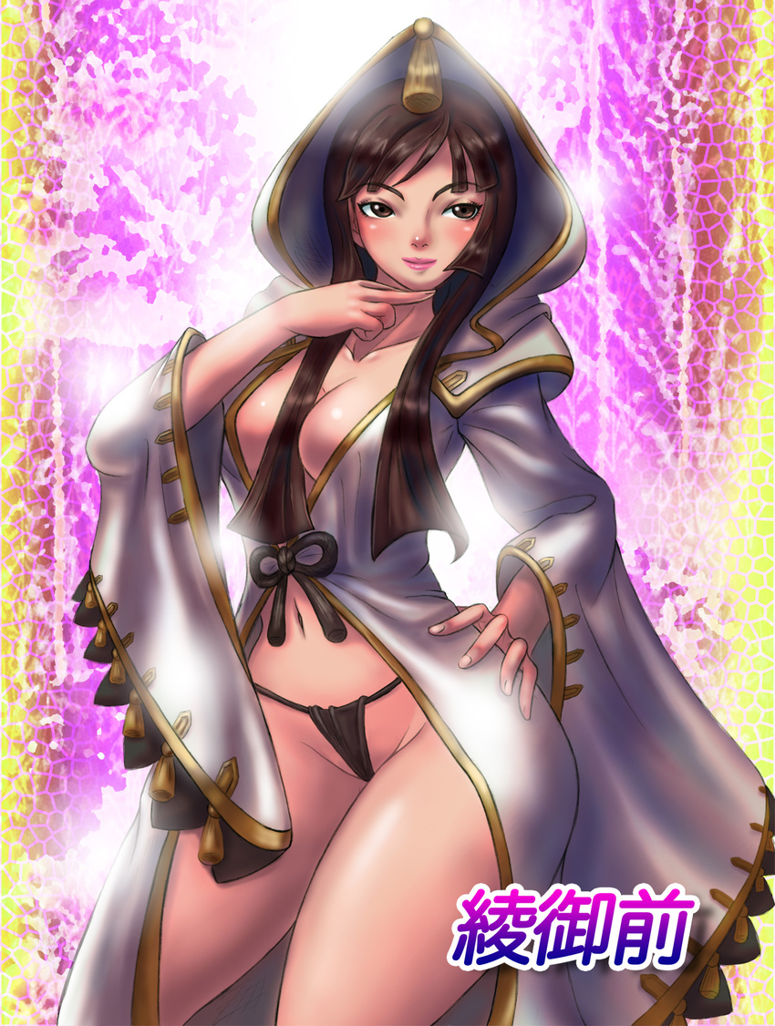 1girl aya_gozen boken_fantasy breasts brown_eyes brown_hair cleavage female highres hood long_hair open_clothes open_robe panties robe sengoku_musou sengoku_musou_3 solo thong underwear