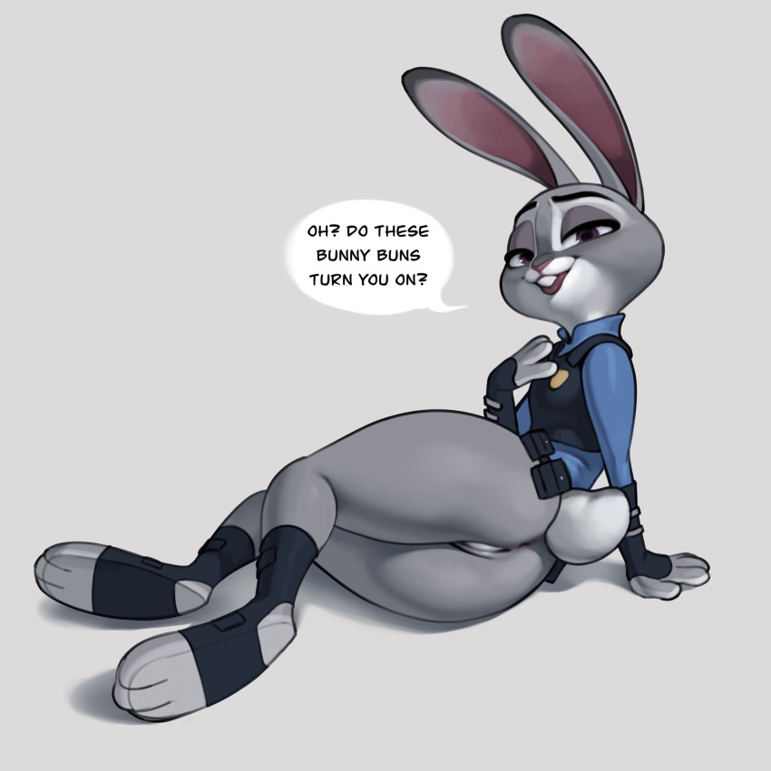 1:1 2023 3_toes 4_fingers anthro anus bottomless butt clothed clothing dialogue disney english_text eyebrows feet female fingers footwear fur genitals gloves grey_background grey_body grey_fur handwear hi_res judy_hopps lagomorph leporid long_ears looking_at_viewer looking_back looking_back_at_viewer mammal multicolored_body multicolored_fur open_mouth open_smile purple_eyes pussy qupostuv35 rabbit simple_background smile solo speech_bubble talking_to_viewer text thick_thighs toes two_tone_body two_tone_fur white_body white_fur zootopia