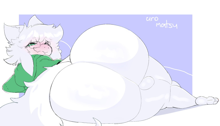 anthro backsack balls big_butt blush bottomless butt clothed clothing dragon eyewear fur furred_dragon genitals glasses hair heterochromia hi_res hoodie huge_butt looking_at_viewer looking_back lying male on_side smile solo thick_thighs tian_(ricederg) topwear uromatsu white_body white_hair