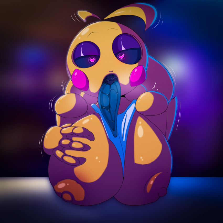 &lt;3 &lt;3_eyes 1:1 2023 animatronic anthro areola avian beakless bedroom_eyes bent_over bib big_breasts bird black_sclera blush blush_stickers bodily_fluids breasts chicken digital_media_(artwork) female fingers five_nights_at_freddy's five_nights_at_freddy's_2 galliform gallus_(genus) hand_on_breast hi_res huge_breasts long_tongue looking_at_viewer lovetaste_chica machine mostly_nude narrowed_eyes nipples non-mammal_breasts non-mammal_nipples open_mouth orange_areola orange_nipples phasianid purple_eyes robot saliva saliva_on_tongue scottgames seductive solo sonelos tongue tongue_out toy_chica_(fnaf)