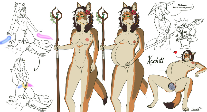 &lt;3 2022 4_toes 5_fingers absurd_res accessory amniotic_fluid anthro areola belly big_belly big_breasts birth bite biting_lip biting_own_lip black_hair black_nose bodily_fluids bonk_(meme) breasts brown_body brown_fur canid canine canis casual_birthing character_name claws clothed clothing coyote crowning digital_media_(artwork) english_text feet female fingers flower flower_in_hair fur genital_fluids genitals group hair hair_accessory hand_on_own_stomach hand_on_stomach hat headgear headwear hi_res highlights_(coloring) hindpaw humanoid_hands impregnation kneeling live_birth lying magic magic_user magical_impregnation male mammal multicolored_body multicolored_fur navel nipples nude on_back paws pink_areola pink_nipples plant pregnant pregnant_female pussy raccoon_dog ragnith_(zendrid) robe shaman signature sketch smile spread_legs spreading staff tan_body tan_fur tanuki teeth text toe_claws toes tribal tribal_spellcaster two_tone_body two_tone_fur vaginal_birth white_highlights womb_tattoo xochitl_(zendrid) zendrid