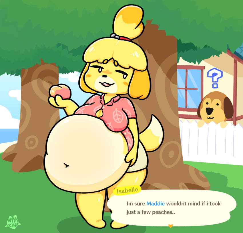 :3 animal_crossing anthro beach belly blonde_hair blush bottomwear brown_body brown_fur buckteeth building button_pop canid canine canis clothing domestic_dog dress_shirt duo english_text female fence foamytail food fruit fur glistening glistening_belly glistening_thighs hair hair_bun hi_res holding_belly house huge_belly inflation isabelle_(animal_crossing) looking_back maddie_(animal_crossing) mammal miniskirt navel nintendo overweight overweight_female peach_(fruit) pink_clothing pink_shirt pink_topwear plant question_mark seaside shih_tzu shirt short_stack skirt solo_focus teeth text thick_thighs topwear toy_dog tree white_body white_fur yellow_body yellow_fur