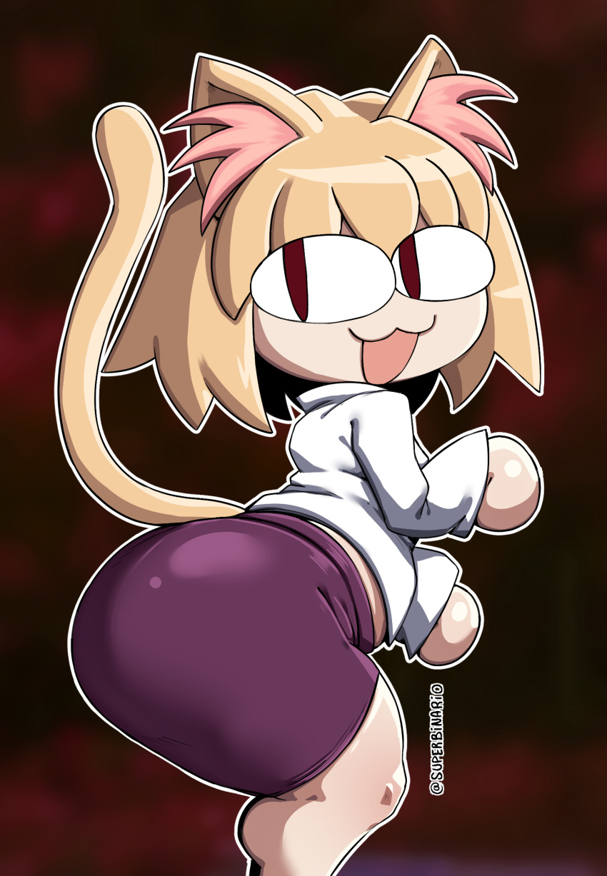 :3 animal_humanoid anthro big_butt blonde_hair butt cat_humanoid clothed clothing felid felid_humanoid feline feline_humanoid female hair hi_res humanoid looking_at_viewer mammal mammal_humanoid neco-arc open_mouth red_eyes short_stack simple_background solo superbinario thick_thighs topwear tsukihime type-moon