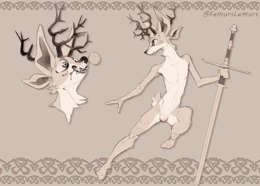 2021 anthro antlers artist_name deer featureless_crotch femurslemurs holding_object holding_sword holding_weapon horn male mammal melee_weapon nude silly_face simple_background sword weapon