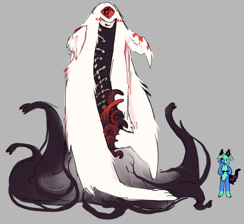 ambiguous_gender body_horror duo genitals hi_res looking_at_another looking_at_viewer mammal mmhorrors monster penile_spines penis penis_tentacles size_difference smile spine tentacles virus_(mmhorrors) wings