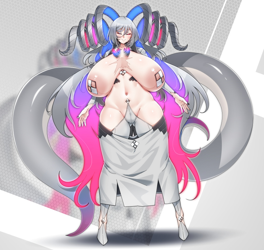 absurd_res animal_humanoid areola big_breasts blush breasts clothing covered_nipples dragon dragon_humanoid eyes_closed female footwear grey_hair hair hanging_breasts hi_res horn huge_breasts humanoid konoshige long_hair navel nipples obese obese_female overweight overweight_female sagging_breasts scar shoes simple_background solo thick_thighs wide_hips