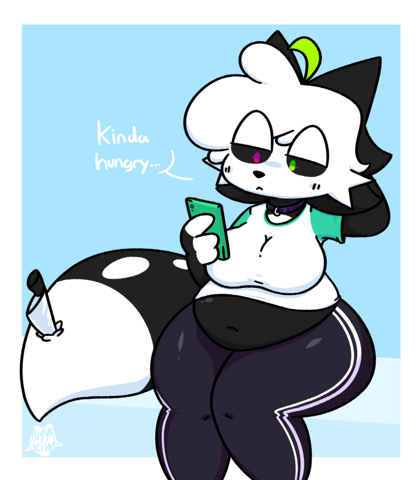 :&lt; anthro belly big_breasts black_body black_fur black_hair blush blush_lines breasts canid canine clothing collar cowlick english_text female foamytail fox fur glistening glistening_belly glistening_thighs green_eyes green_hair hair hand_behind_head heterochromia hi_res hungry jogging_pants knife looking_at_object looking_at_phone mammal markings navel phone pink_eyes shirt short_hair simple_background sitting skeleton_(marking) slightly_chubby solo t-shirt text thick_thighs tight_clothing tight_shirt tight_topwear topwear white_body white_fur white_hair