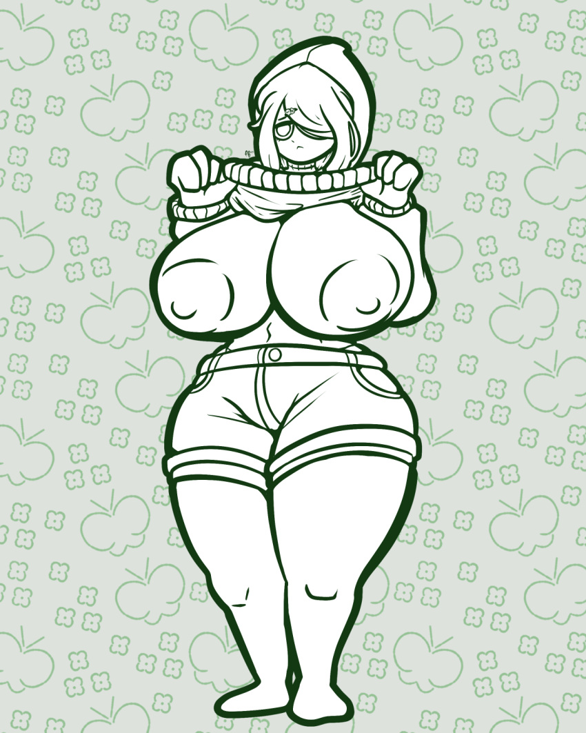 4:5 big_breasts breasts clothing green_and_white hi_res hoodie invalid_tag lifting_hoodie line_art monochrome presenting puffylover69 showing_breasts showing_off_breasts topwear undead zombie zombie_girl