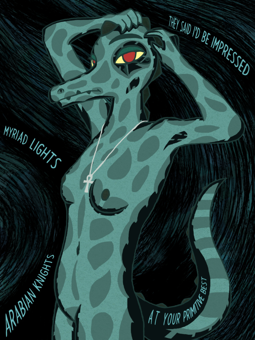 3:4 abstract_background anthro barely_visible_genitalia barely_visible_pussy bea_santello breasts crocodilian female genitals hi_res hrisaura lyrics night_in_the_woods pose pussy reptile scalie shaded simple_coloring simple_shading solo tail text