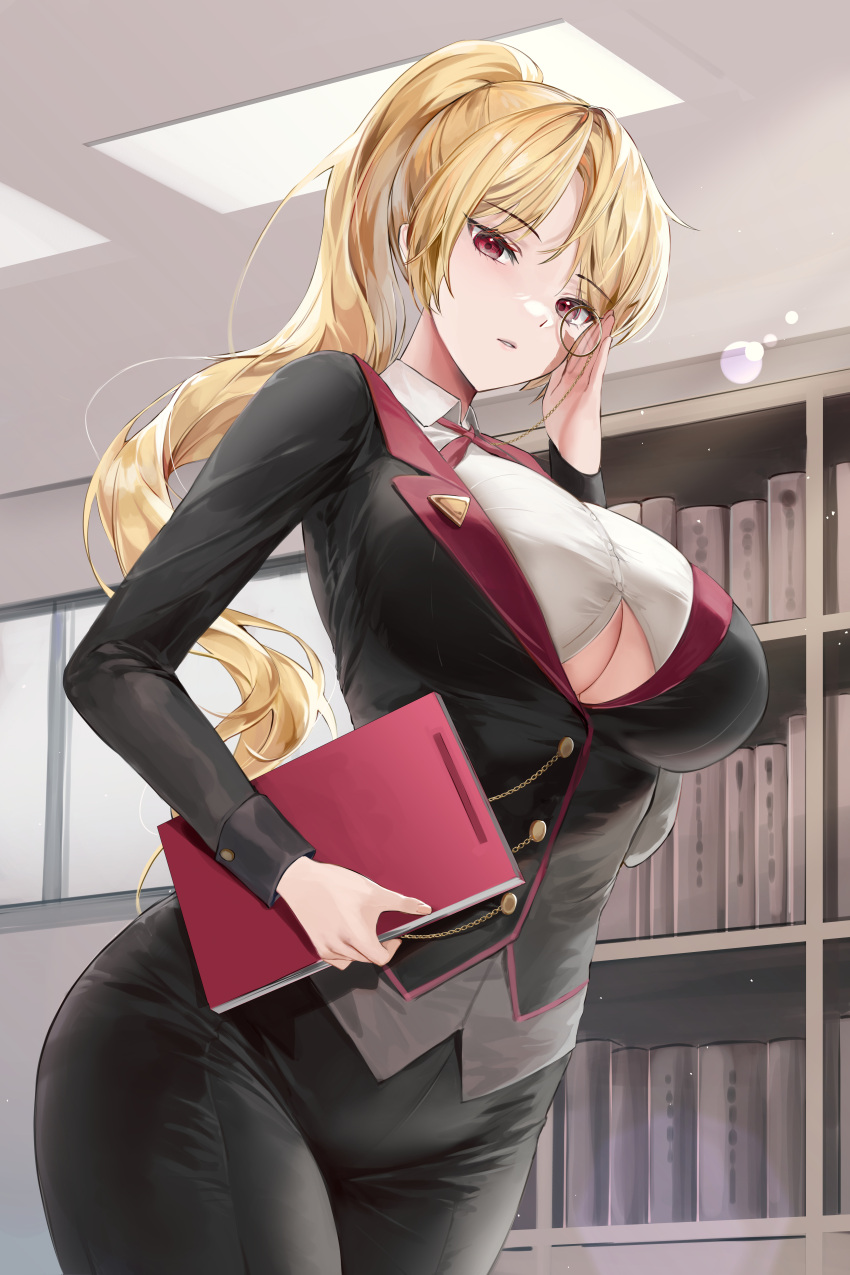 1girl absurdres black_jacket black_pants blazer blonde_hair breasts buttons chain clothing_cutout collared_shirt cowboy_shot dress_shirt folder hand_up highres holding holding_folder jacket large_breasts lillly long_hair long_sleeves looking_at_viewer monocle monocle_chain neckerchief novel_illustration official_art original pants parted_lips ponytail red_eyes shirt solo standing taut_clothes taut_shirt underboob underboob_cutout undershirt white_shirt wing_collar