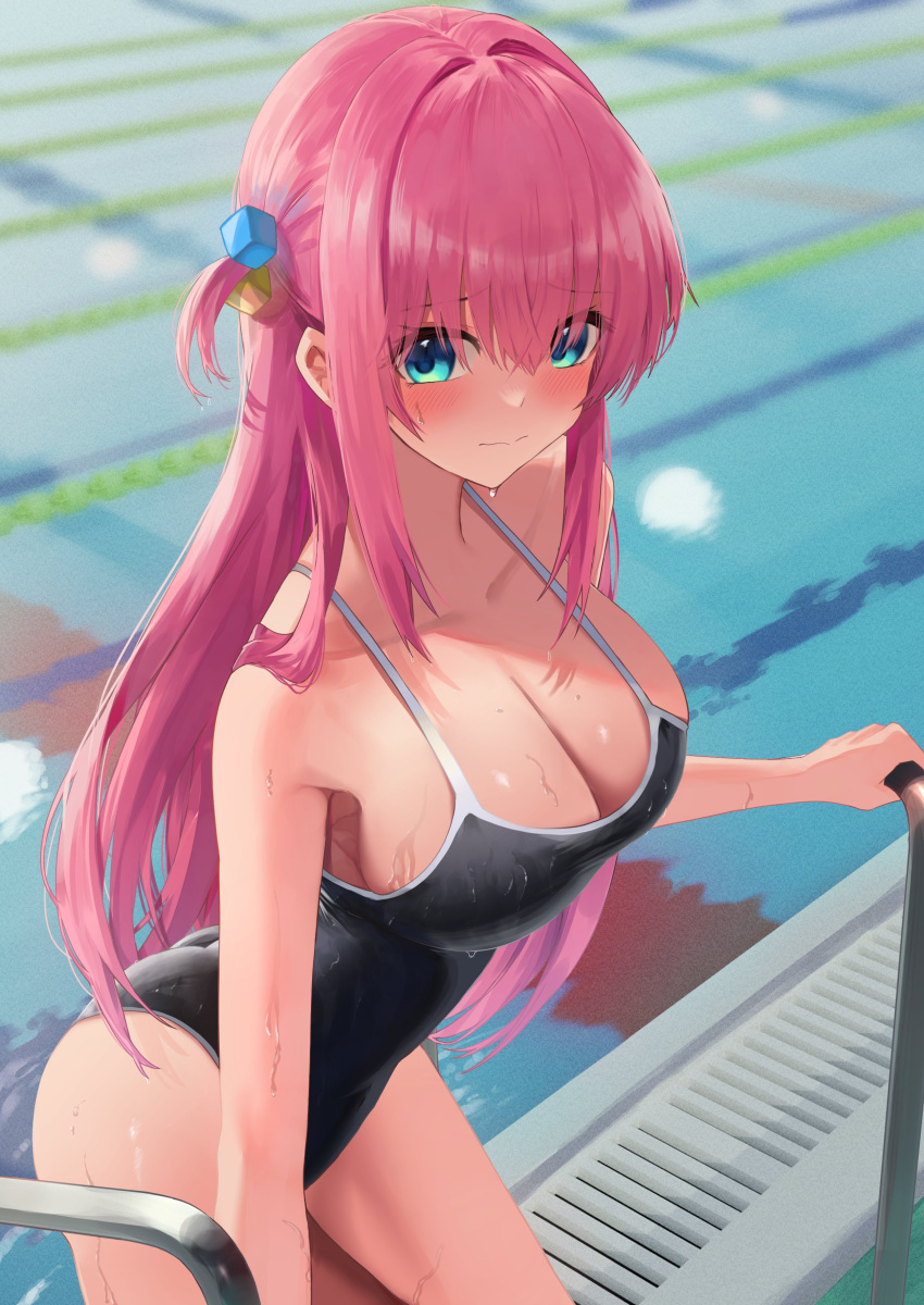 1girl absurdres amane_sora ass black_one-piece_swimsuit blue_eyes bocchi_the_rock! breasts climbing embarrassed gotou_hitori hair_ornament highres holding one-piece_swimsuit pink_hair pool solo swimsuit thighs wet wet_clothes