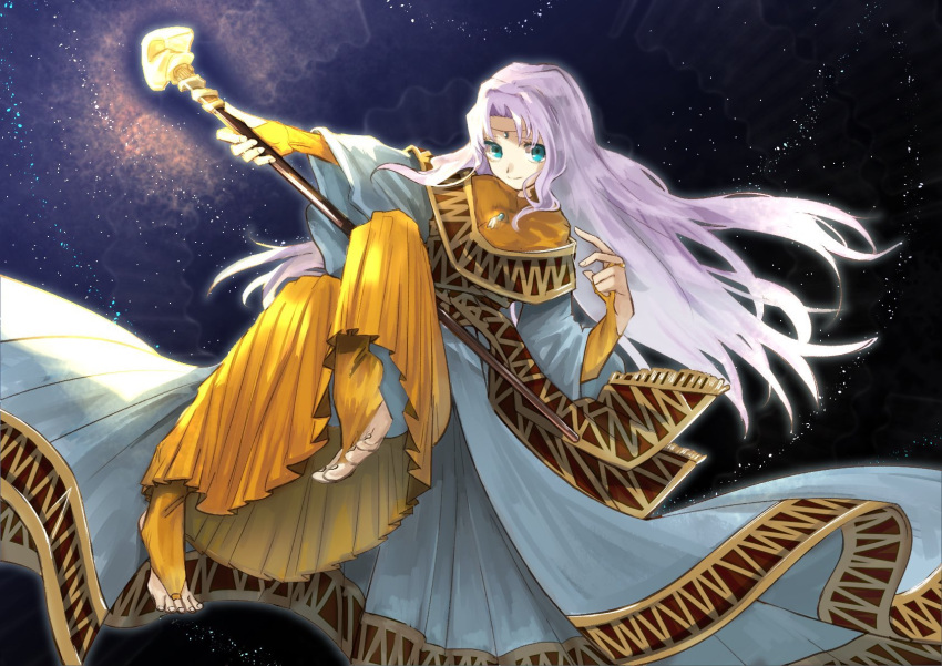 1girl blue_eyes blue_gemstone bridal_gauntlets bridal_legwear circlet closed_mouth convenient_leg dress fingernails fire_emblem fire_emblem:_thracia_776 gem hair_intakes hand_up highres holding holding_staff jewelry light_purple_hair liondance_0220 long_hair looking_at_viewer orange_dress outstretched_arm pleated_dress robe sara_(fire_emblem) smile solo split_mouth staff toe_ring toeless_legwear toenails very_long_hair white_robe wide_sleeves