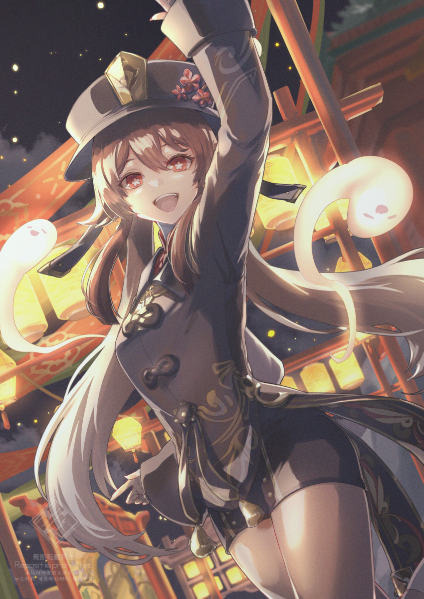 1girl absurdres architecture arm_up bangs black_headwear black_shorts brown_hair chinese_clothes coattails collared_coat commentary east_asian_architecture flower flower-shaped_pupils genshin_impact ghost hat highres holding holding_polearm holding_weapon hu_tao_(genshin_impact) iti_0w0 long_hair long_sleeves looking_at_viewer one_eye_closed open_mouth plum_blossoms polearm porkpie_hat red_eyes short_shorts shorts smile solo symbol-only_commentary symbol-shaped_pupils teeth twintails upper_teeth_only weapon