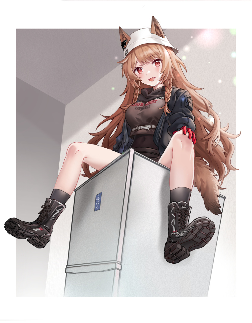 1girl :d absurdres animal_ears arknights bestramos black_footwear black_jacket black_socks blush boots braid breasts brown_hair brown_skirt ceobe_(arknights) ceobe_(unfettered)_(arknights) cross-laced_footwear dog_ears dog_girl dog_tail ears_through_headwear fang full_body gloves hand_on_own_knee hat highres jacket knee_boots kneehighs lace-up_boots large_breasts long_hair long_sleeves looking_at_viewer official_alternate_costume open_clothes open_jacket open_mouth red_eyes red_gloves sitting skirt smile socks solo tail twin_braids very_long_hair white_headwear