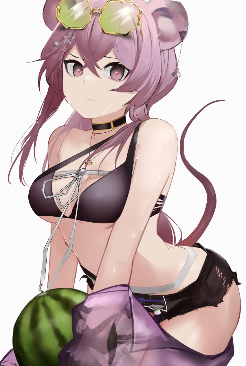 1girl absurdres animal_ears ao_oni_(onioni-aoi) arknights bangs bare_shoulders bikini bikini_top_only black_bikini black_choker black_shorts breasts choker cleavage closed_mouth eyewear_on_head food fruit green-tinted_eyewear hair_ornament hairclip highres jewelry leaning_forward lin_(arknights) long_hair looking_at_viewer mouse_ears mouse_girl mouse_tail necklace official_alternate_costume purple_eyes purple_hair see-through short_shorts shorts simple_background small_breasts solo star_(symbol) star_hair_ornament sunglasses swimsuit tail tinted_eyewear watermelon white_background