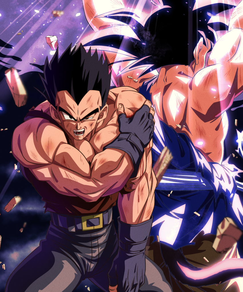 absurdres belt black_hair bleeding blood blood_on_face bruise bruise_on_face collarbone denim dougi dragon_ball dragon_ball_gt dragon_ball_z_dokkan_battle fingerless_gloves genki_dama gloves highres injury jeans monkey_tail muscular muscular_male pants scratches sekitsuki_hayato son_goku spiked_hair tail tank_top torn_clothes vegeta