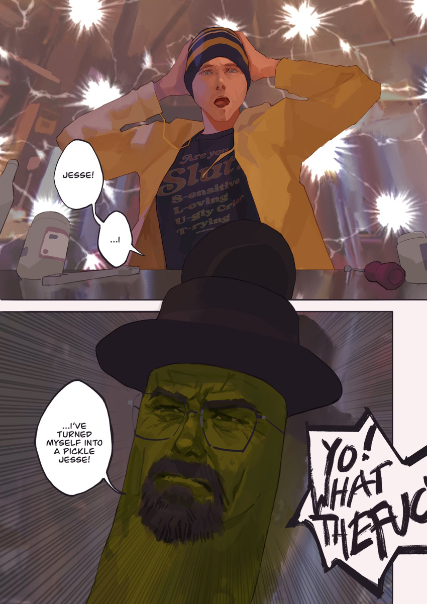 2boys beanie beard black_hair black_shirt breaking_bad cosplay facial_hair foodification hat highres hood hoodie jesse_pinkman leonardo_vincent meme multiple_boys open_mouth pickle_rick pickle_rick_(cosplay) pill_bottle rick_and_morty screwdriver shirt short_hair speech_bubble surprised walter_white yellow_hoodie