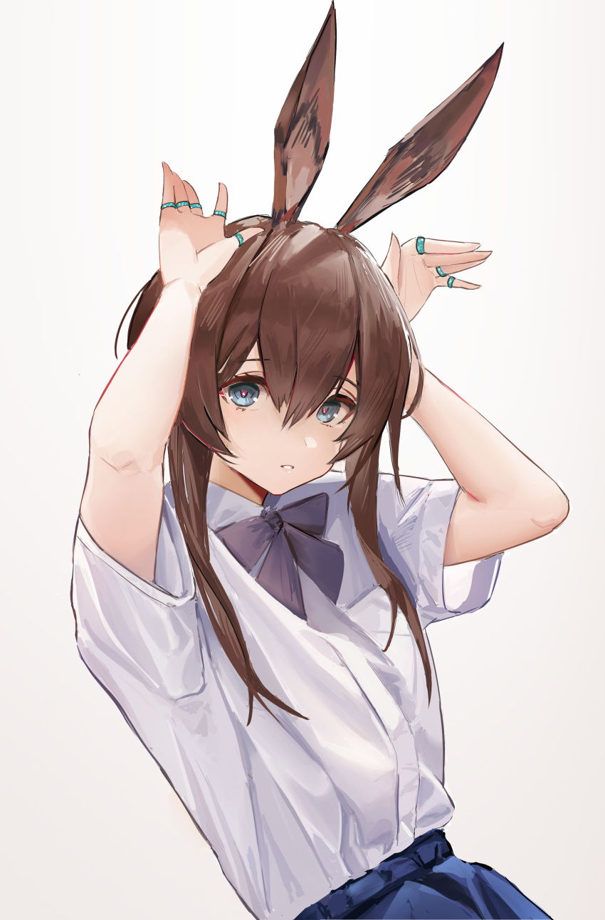 1girl absurdres alternate_costume amiya_(arknights) animal_ear_fluff animal_ears arknights bangs black_bow black_bowtie blue_eyes bow bowtie brown_hair bunny_pose hair_between_eyes highres jewelry long_hair looking_at_viewer multiple_rings parted_lips rabbit_ears ring shirt short_sleeves simple_background solo upper_body white_background white_shirt yuanqi_(chriu)