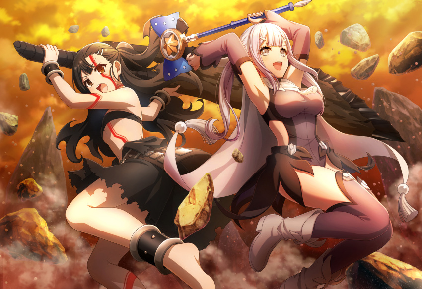 2girls :d absurdres armor armpits arms_up bangs black_bandeau black_hair black_skirt blunt_bangs bracelet breasts brown_eyes cape cloud cloudy_sky cosplay crossover d4dj detached_sleeves fate/kaleid_liner_prisma_illya fate_(series) faulds grey_cape grey_footwear hair_ornament hairclip heracles_(fate) heracles_(fate)_(cosplay) highres holding holding_staff holding_sword holding_weapon izumo_saki jewelry leotard long_hair long_sleeves magical_girl magical_sapphire miyu_edelfelt miyu_edelfelt_(cosplay) multiple_girls outdoors purple_leotard purple_sleeves purple_thighhighs skirt sky small_breasts smile staff sword thighhighs underboob very_long_hair weapon white_hair yellow_sky