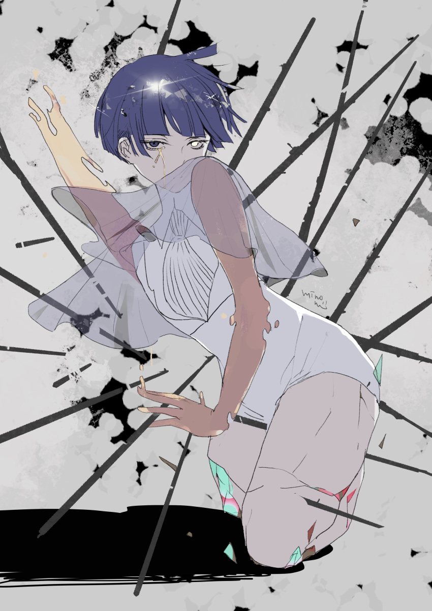 1other absurdres amputee androgynous ascot blue_eyes blue_hair bodysuit bowl_cut broken crack cracked_skin crying crying_with_eyes_open crystal_hair glint gold golden_arms heterochromia high_collar highres houseki_no_kuni injury kneeling leaning leaning_to_the_side liquid looking_at_viewer melting minorun_(kurome) molten_metal other_focus phosphophyllite phosphophyllite_(gemstone) phosphophyllite_(ll) see-through see-through_sleeves shards short_hair short_shorts shorts solo sparkle straight_hair tears white_ascot white_bodysuit white_eyes wide_sleeves wing_collar
