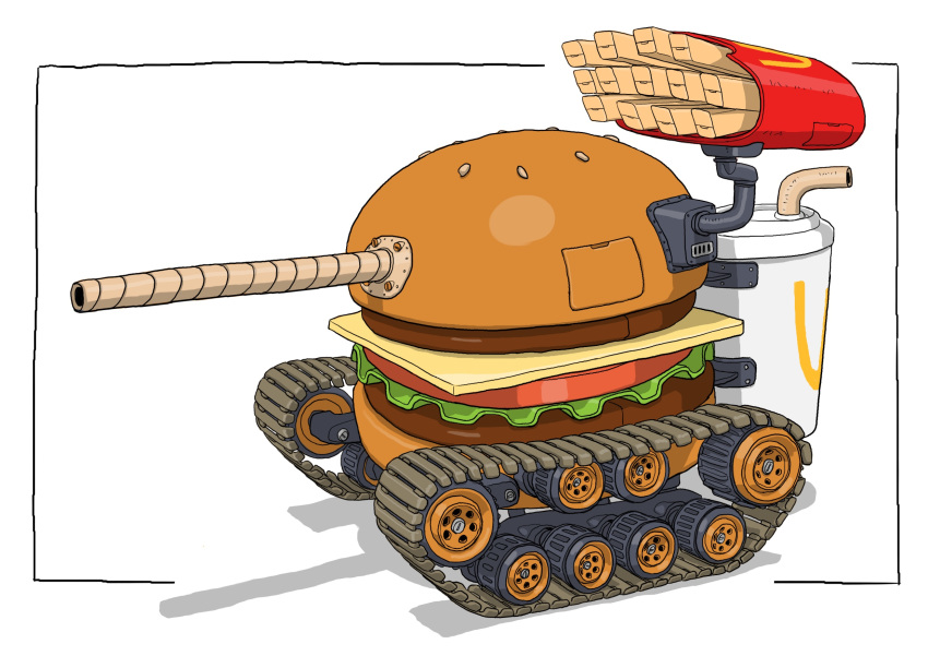 brand_name_imitation bread burger caterpillar_tracks cheese commentary_request cup disposable_cup drinking_straw fast_food food food-themed_vehicle food_focus french_fries gatling_santouhei ground_vehicle highres lettuce mcdonald's military military_vehicle motor_vehicle no_humans original sesame_seeds shadow sliced_cheese sliced_meat tank tomato tomato_slice vehicle_focus white_background