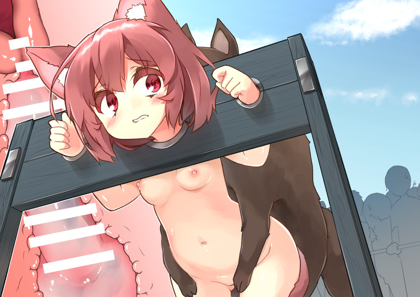 1girl animal animal_ear_fluff animal_ears animal_penis ass_visible_through_thighs bangs bar_censor bestiality blush breasts cat_ears cat_girl cat_tail censored cross-section day dog dog_penis hair_between_eyes hands_up highres kneeling knotted_penis knotting looking_to_the_side multiple_others navel nipples original outdoors parted_lips peko_pekon penis pillory public_indecency public_nudity public_use pussy red_eyes red_hair restrained sex short_hair small_breasts solo_focus tail teeth uterus vaginal wavy_mouth