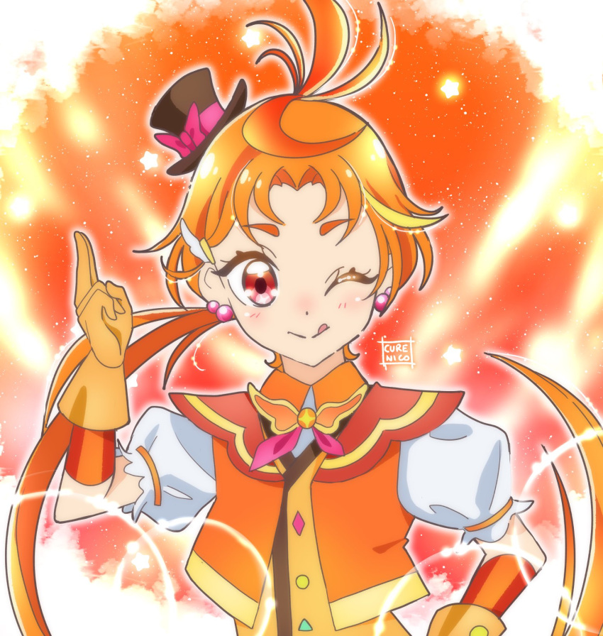 1boy ;q bangs brooch commentary cure_nico cure_wing earrings english_commentary gloves hat highres hirogaru_sky!_precure jewelry long_hair magical_boy male_focus mini_hat mini_top_hat one_eye_closed orange_gloves orange_hair otoko_no_ko parted_bangs ponytail precure puffy_sleeves red_eyes solo tongue tongue_out top_hat very_long_hair wing_brooch wing_hair_ornament