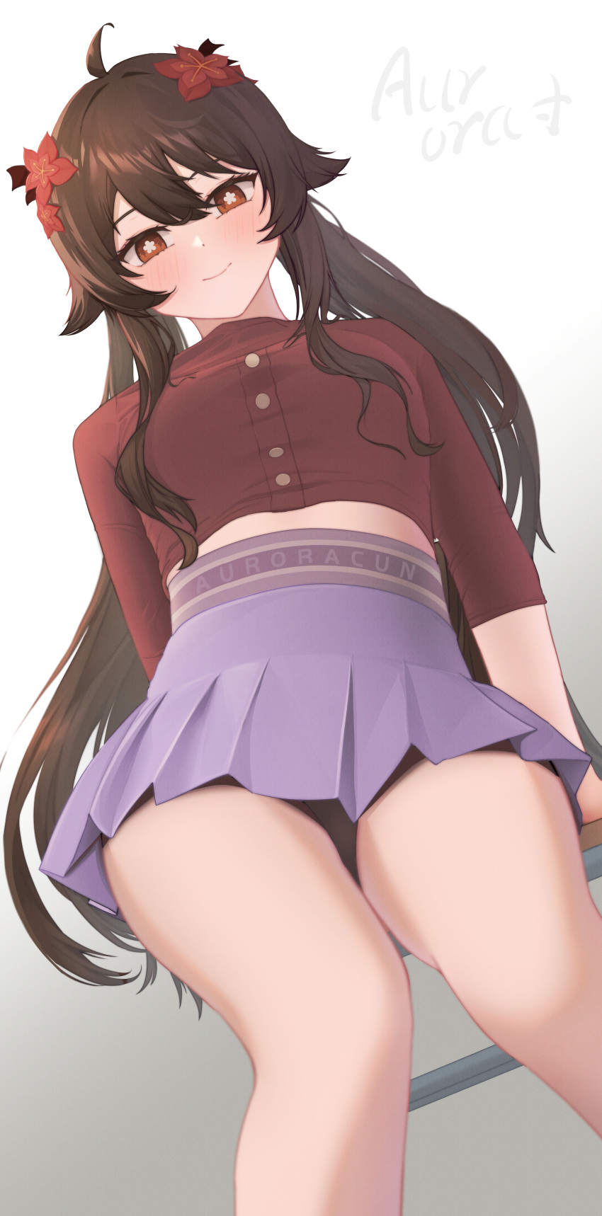 1girl absurdres bangs bare_legs blush brown_hair buttons chair chinese_commentary closed_mouth commentary flower flower-shaped_pupils from_below genshin_impact gradient_background hair_flower hair_ornament highres hnbsgy hu_tao_(genshin_impact) long_hair long_sleeves looking_at_viewer midriff_peek pleated_skirt purple_skirt red_eyes red_shirt shirt simple_background sitting skirt smile solo symbol-shaped_pupils thighs twintails
