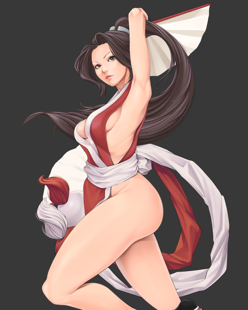 1girl absurdres arm_up armpits bare_legs breasts brown_eyes brown_hair fatal_fury hand_fan highres holding holding_fan japanese_clothes lips long_hair multicolored_clothes ninja no_bra no_panties obi ponytail procreate_(medium) ribs sash shiranui_mai sideboob simple_background teru29teru the_king_of_fighters thighs