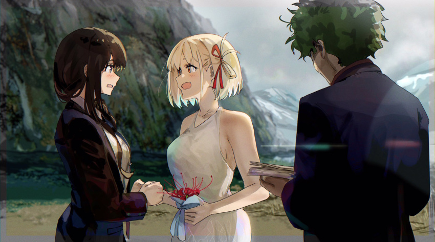 1boy 2girls black_hair blonde_hair dress flower formal funi_mu9 hair_ribbon highres inoue_takina long_hair lycoris_recoil majima_(lycoris_recoil) mission:_impossible multiple_girls nishikigi_chisato open_mouth outdoors parody red_eyes red_flower red_ribbon ribbon short_hair spider_lily suit wedding yuri