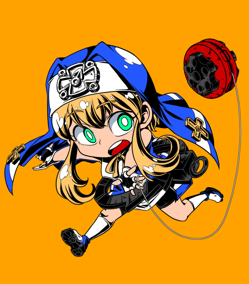 1boy bike_shorts black_gloves blonde_hair bridget_(guilty_gear) chibi commentary_request cross cuffs fingerless_gloves gloves green_eyes guilty_gear guilty_gear_xx habit handcuffs highres latin_cross looking_at_viewer male_focus mars_symbol nun open_mouth otoko_no_ko short_hair_with_long_locks suparu_(detteiu) yo-yo