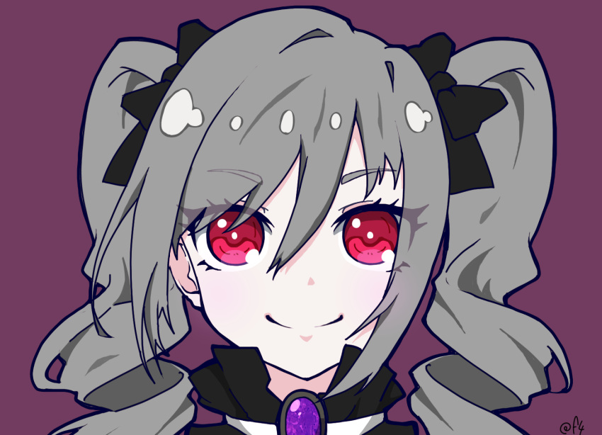 1girl black_bow black_dress bow brooch close-up closed_mouth collared_dress commentary dress drill_hair gem grey_hair hair_bow idolmaster idolmaster_cinderella_girls jewelry kanzaki_ranko oofushi_ao portrait purple_background purple_gemstone red_eyes signature simple_background smile solo straight-on twintails upper_body wavy_hair