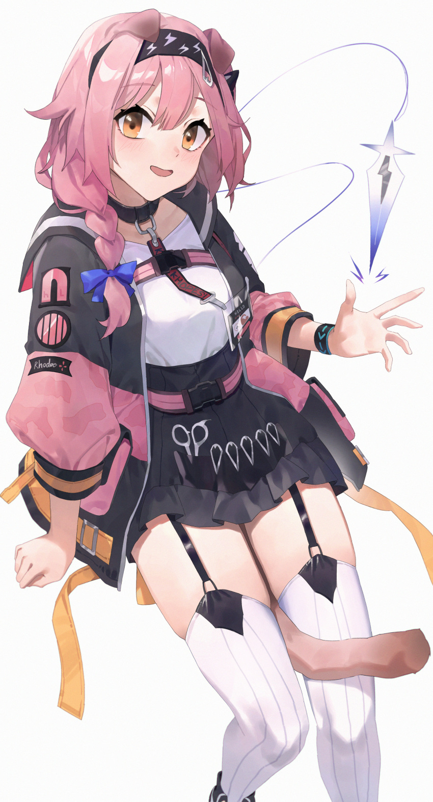 1girl absurdres animal_ears arknights bangs between_legs black_collar black_hairband black_jacket black_skirt blue_bow bow cat_ears cat_girl cat_tail collar commentary_request feet_out_of_frame floppy_ears garter_straps goldenglow_(arknights) hair_bow hairband high-waist_skirt highres id_card infection_monitor_(arknights) jacket lightning_bolt_print long_hair long_sleeves looking_at_viewer multicolored_clothes multicolored_jacket open_clothes open_jacket open_mouth orange_eyes pink_hair pink_jacket print_hairband scissors shirt simple_background skirt smile solo tail tail_between_legs thighhighs two-tone_jacket white_background white_shirt white_thighhighs zhoi_star