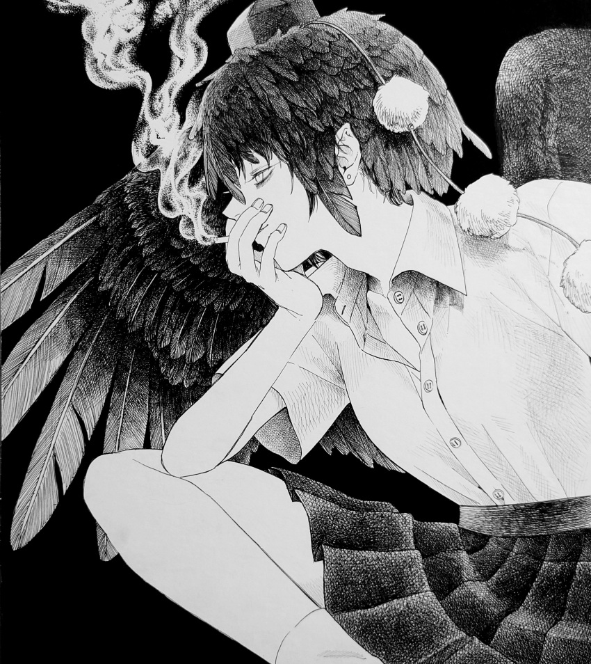 1girl absurdres black_background cigarette closed_mouth collared_shirt commentary_request covering_mouth elbow_on_knee feather_hair feathered_wings feet_out_of_frame greyscale hand_over_own_mouth hat highres holding holding_cigarette monochrome partially_unbuttoned pointy_ears pom_pom_(clothes) profile shameimaru_aya shirt short_hair short_sleeves skirt smile smoke smoking socks solo tokin_hat touhou white_shirt whoru wing_collar wings