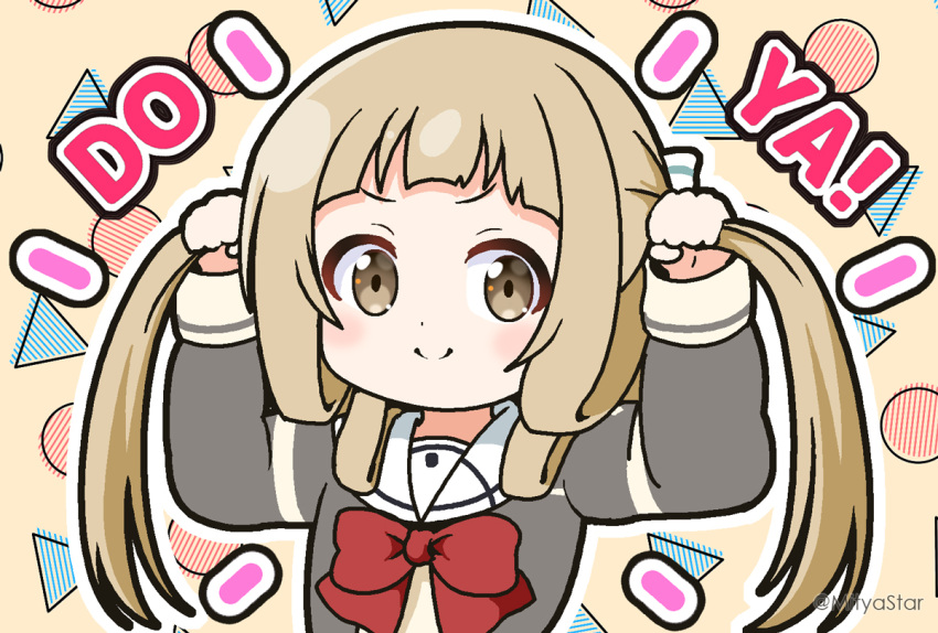 1girl blush bow brown_background brown_eyes brown_hair brown_shirt bunching_hair closed_mouth commentary_request grey_jacket hands_up jacket long_hair long_sleeves looking_at_viewer mitya nogi_sonoko outline red_bow romaji_text sailor_collar shirt smile solo twintails twintails_day twitter_username upper_body very_long_hair washio_sumi_wa_yuusha_de_aru white_outline white_sailor_collar yuusha_de_aru